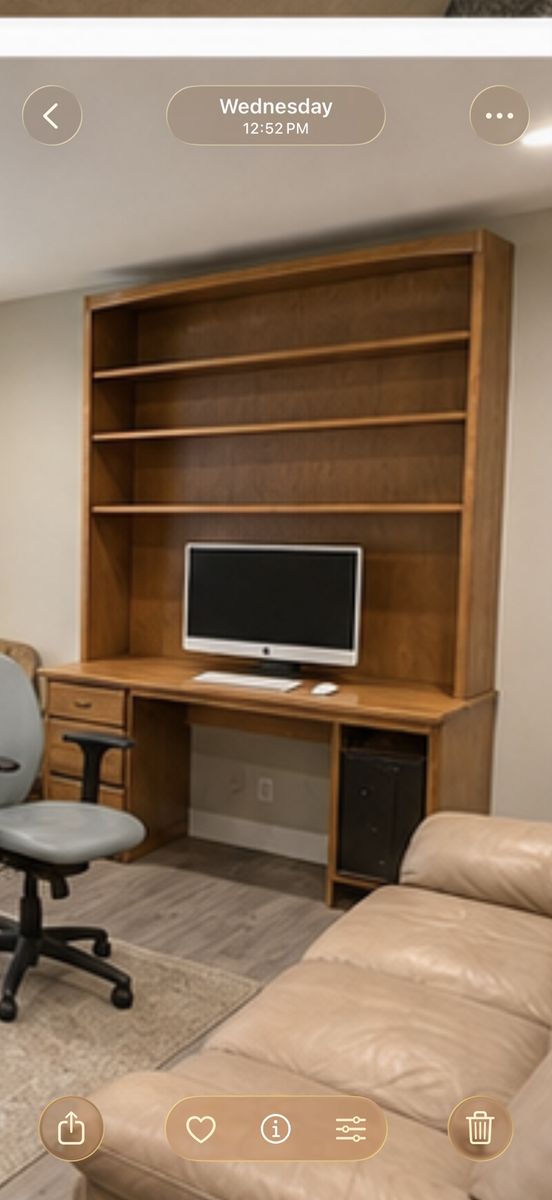Large Wooden Computer Desk with Integrated Bookshelf Hutch and Storage Drawers