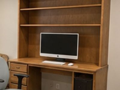 Large Wooden Computer Desk with Integrated Bookshelf Hutch and Storage Drawers