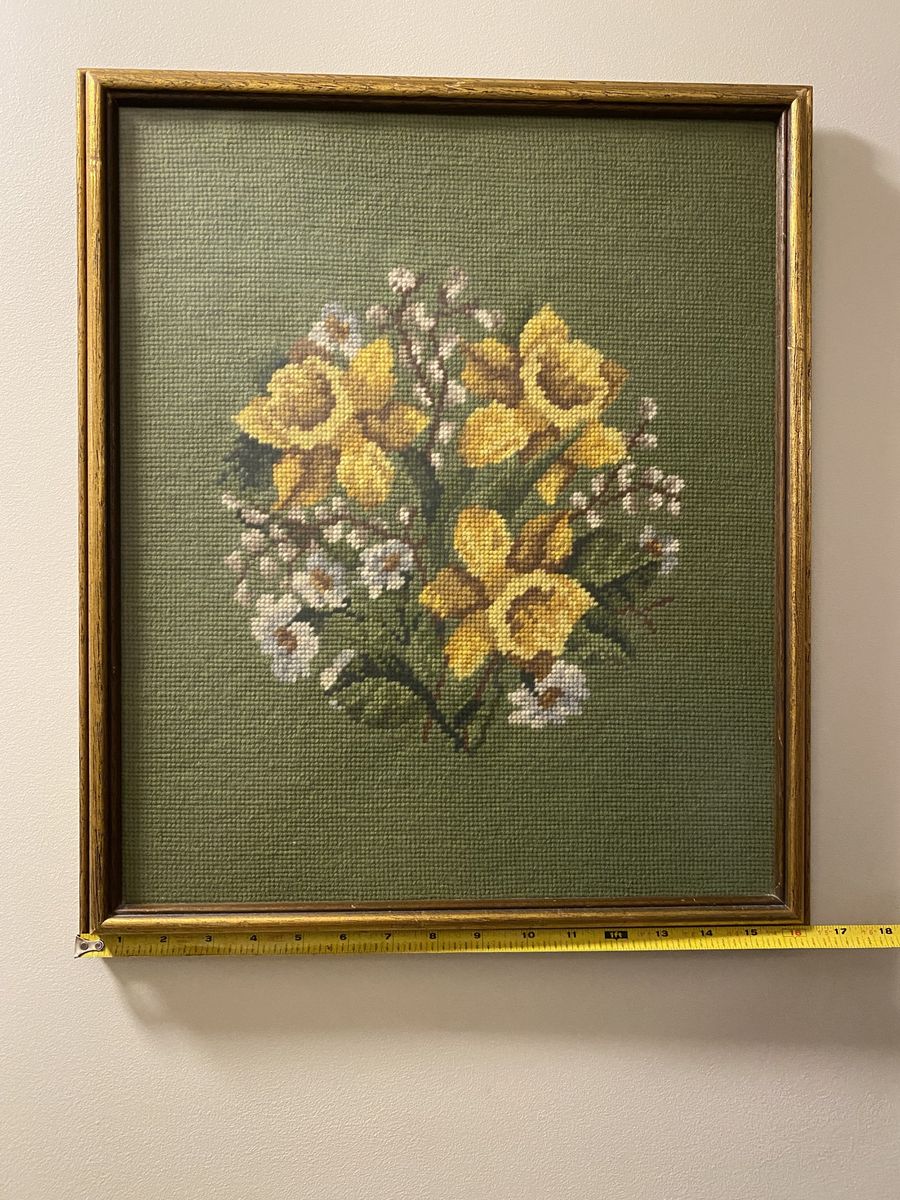Framed Needlepoint art -yellow flowers and rooster I framed