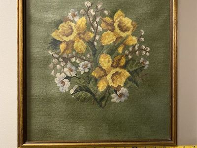 Framed Needlepoint art -yellow flowers and rooster I framed