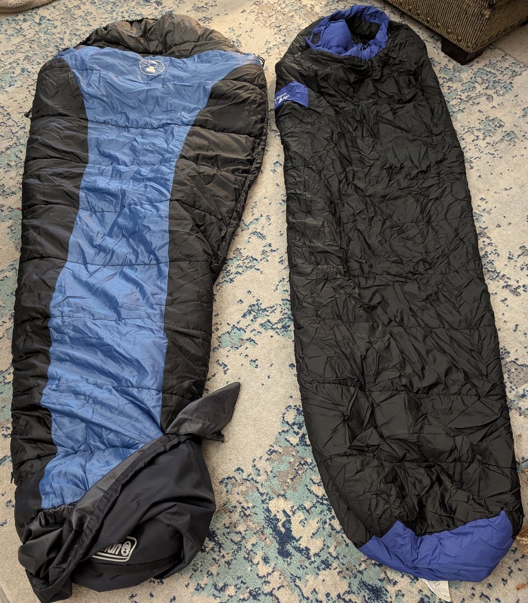 2 Mismatched Sleeping Bags - 2 Twin Size Air Beds - Coleman Electric Air Pump