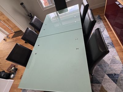 Frosted Glass Extendable Table and 8 brown leather chairs $600 Cash/venmo in Draper