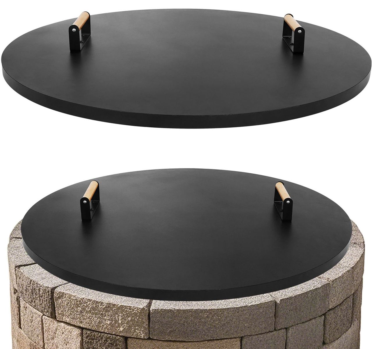 New Fire Pit Lid Round 34" - Metal Firepits Cover with Wooden Handles for Patio Firepits