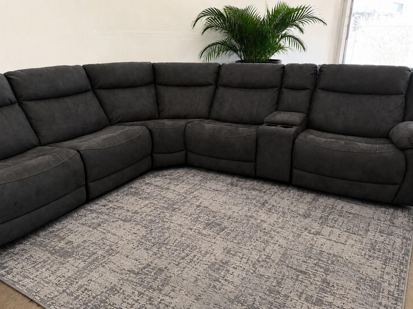 Costco Sectional Recliner Sofa with Console, Dark Gray Fabric, Cup Holders