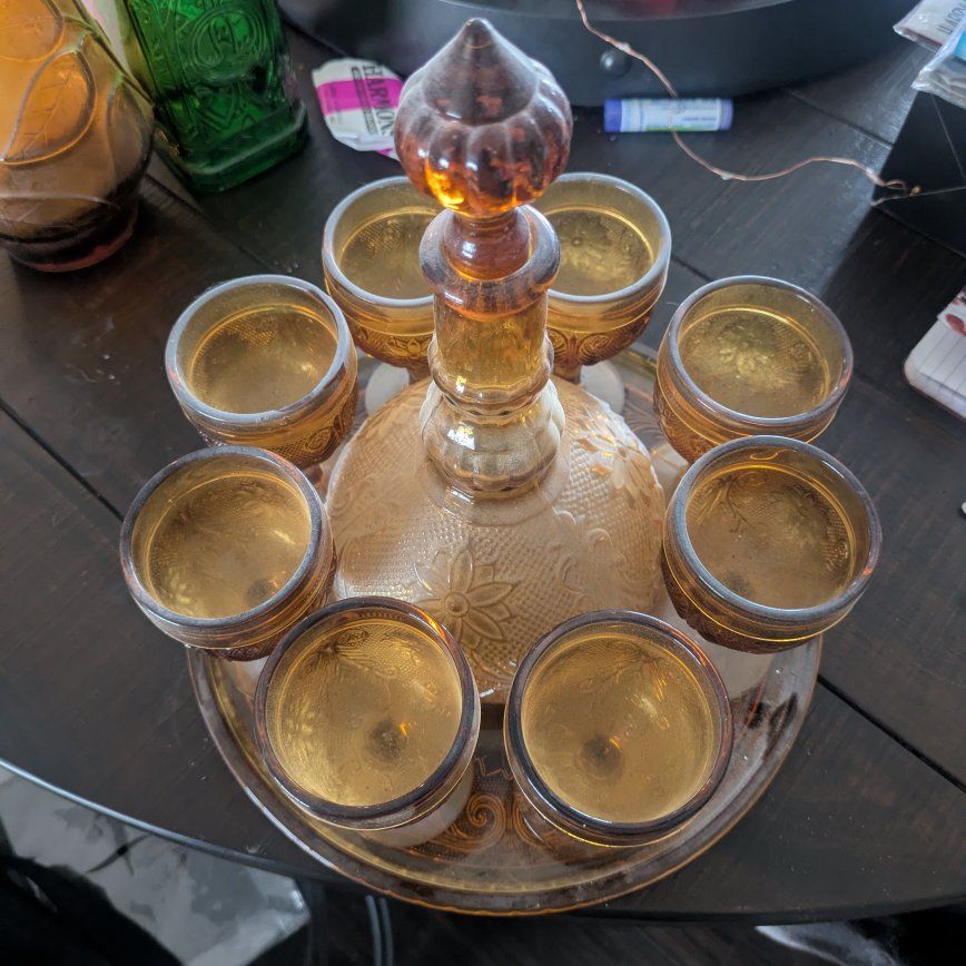 Vintage Amber Decanter Glass Set