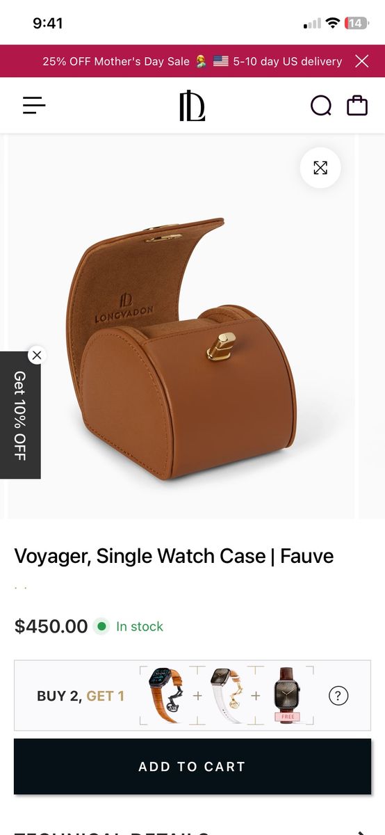 Longvadon Voyager Single Watch Case Fauve Brown Leather Travel Roll with Gold Clasp