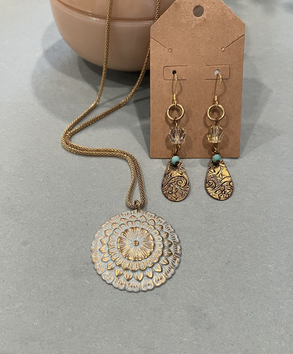 Brass & Gold Pendant Necklace And Brass Dangle Earrings