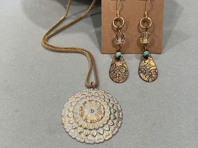 Brass & Gold Pendant Necklace And Brass Dangle Earrings