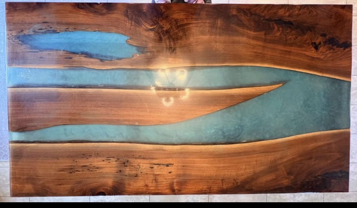 Custom Live Edge River Dining Table with Blue Epoxy Resin - 71" Long, Black Steel Legs