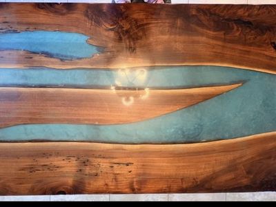 Custom Live Edge River Dining Table with Blue Epoxy Resin - 71" Long, Black Steel Legs