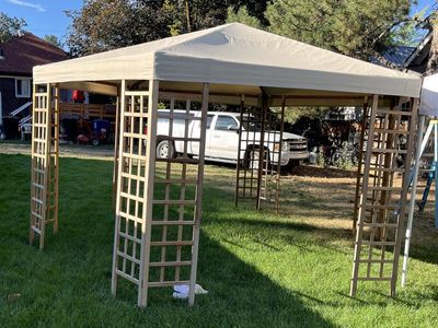 Garden Canopy Wooden Teak Gazebo with Lattice Sides - Beige Top