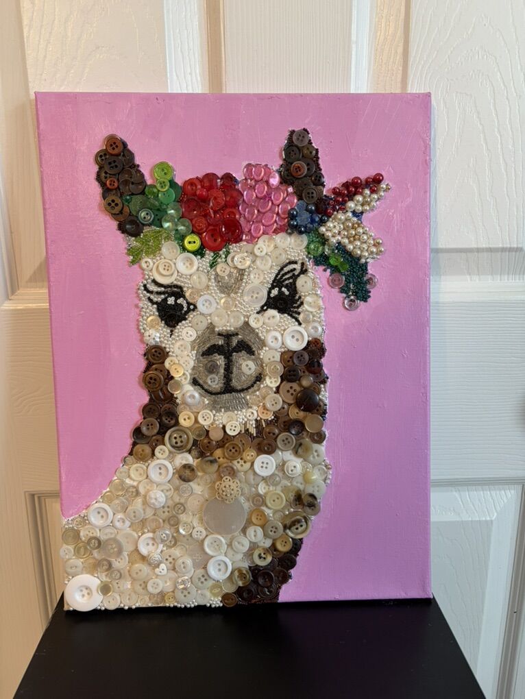 Handmade llama button art picture