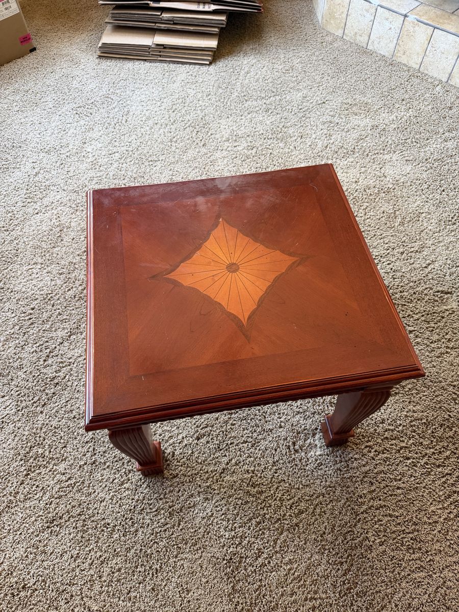 Ornate Wood End Table with Inlaid Design - Square Side Table, Rich Brown Finish