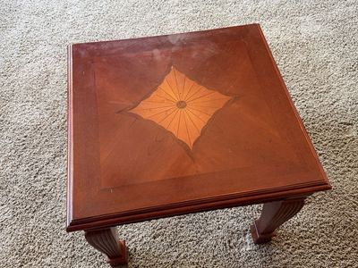 Ornate Wood End Table with Inlaid Design - Square Side Table, Rich Brown Finish