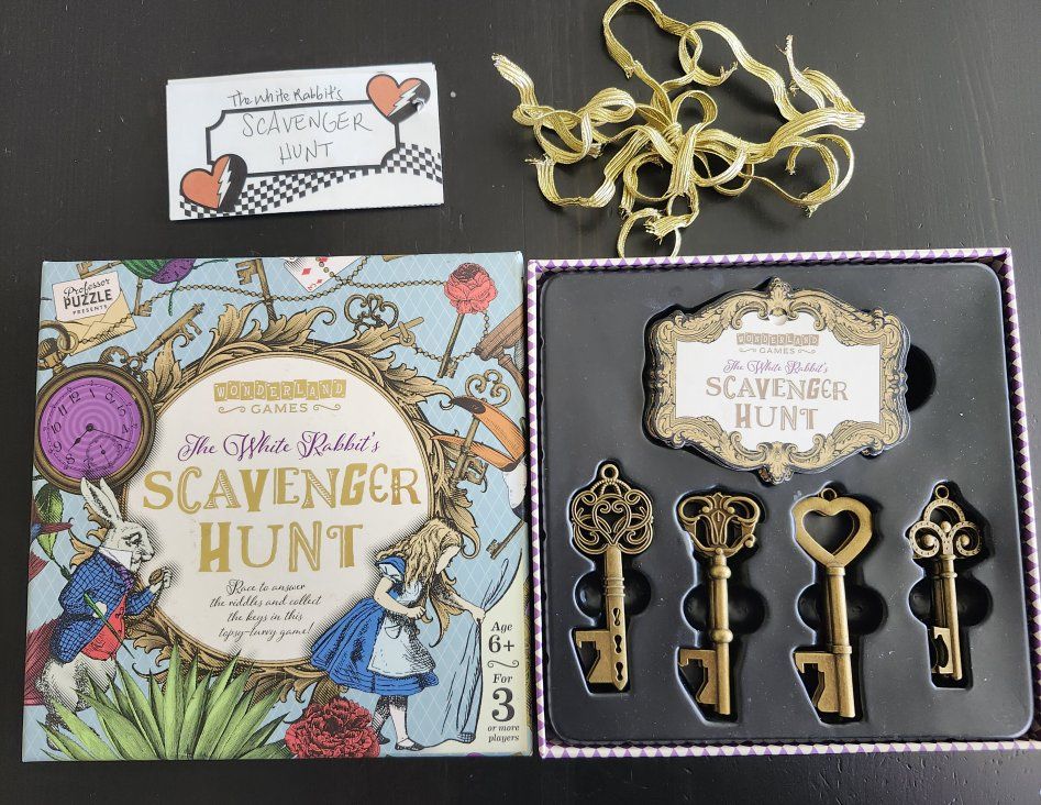 White Rabbit's Scavenger Hunt Alice in Wonderland Family Treasure Hunt Game, Bonus Outdoor Clues Board Game Kids Activity