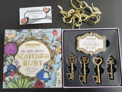 White Rabbit's Scavenger Hunt Alice in Wonderland Family Treasure Hunt Game, Bonus Outdoor Clues Board Game Kids Activity