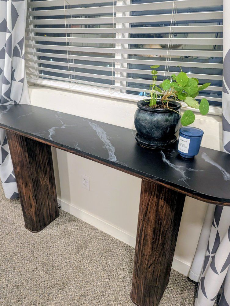 Modern Black Faux Marble Top Console Table with Dark Wood Base - Slim Entryway/Hallway Accent