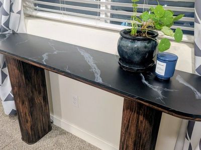 Modern Black Faux Marble Top Console Table with Dark Wood Base - Slim Entryway/Hallway Accent