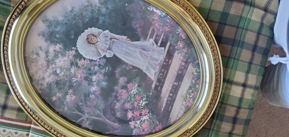 Vintage Oval Framed Wall Art Prints - Cottage and Victorian Lady Scenes