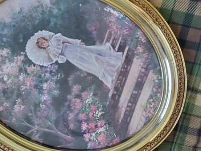 Vintage Oval Framed Wall Art Prints - Cottage and Victorian Lady Scenes