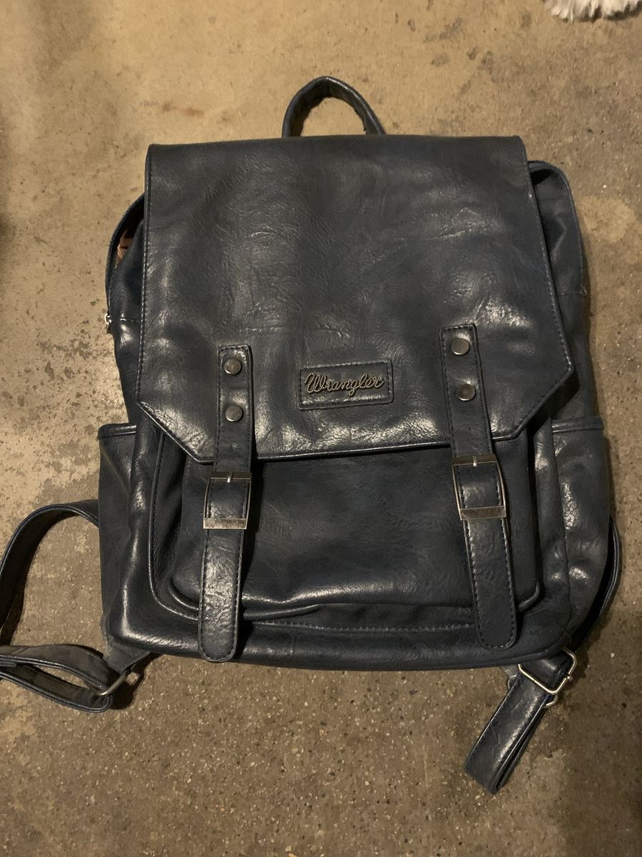 Wrangler Blue Faux Leather Backpack with Flap Closure and Buckle Details