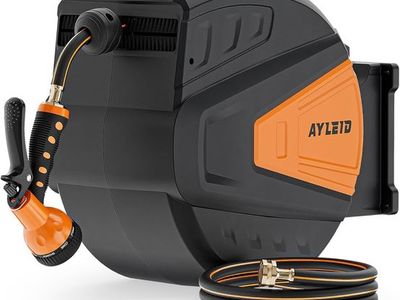 Brand New - in the box: AYLEID Retractable Garden Hose Reel with 130ft Hose & Spray Nozzle - 180° Swivel, Spring Loaded Rewind