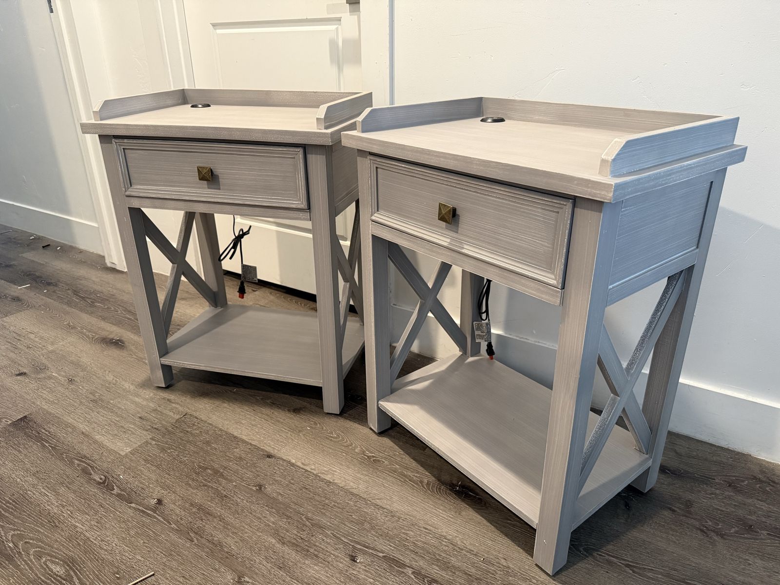 Brand New Farmhouse Nightstand with Charging Station Set of 2