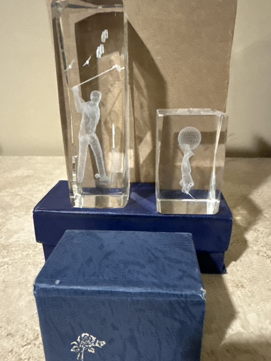 Set of 2 3D Laser Etched Crystal Golf Sculptures with Gift Boxes
