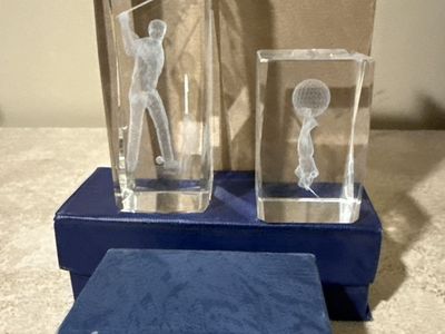 Set of 2 3D Laser Etched Crystal Golf Sculptures with Gift Boxes