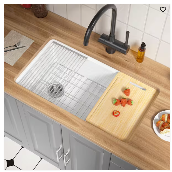 Vomlor Kitchen Sink 33 in. Dual Mount Drop-In/Undermount Single Bowl White Fireclay Workstation Kitchen Sink with Cutting Board