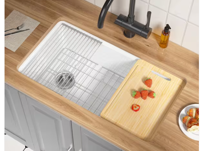 Vomlor Kitchen Sink 33 in. Dual Mount Drop-In/Undermount Single Bowl White Fireclay Workstation Kitchen Sink with Cutting Board