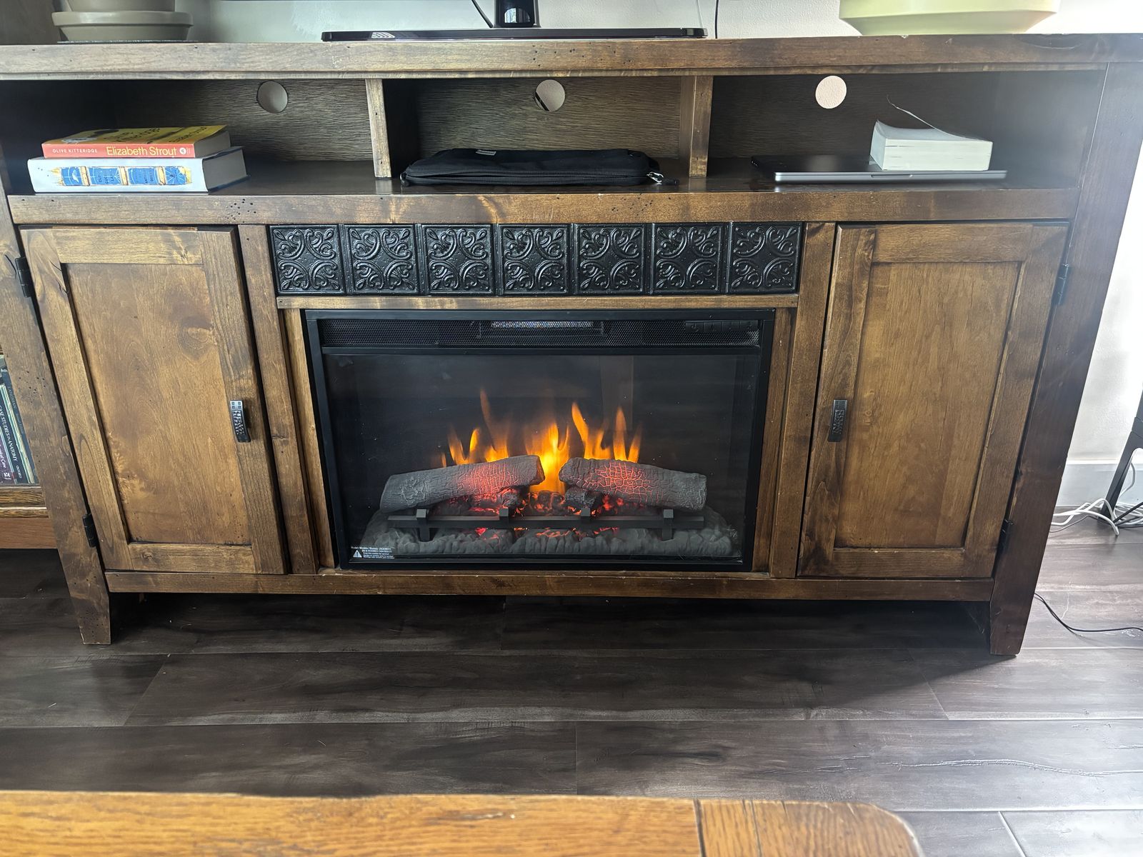 Rustic Wood TV Stand Media Console with Electric Fireplace Insert