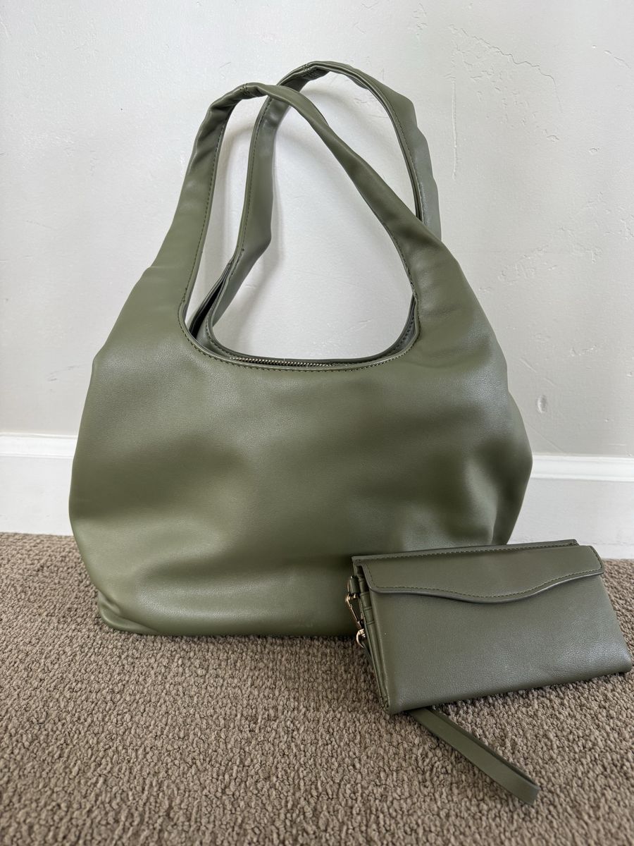 Women's Olive Green Faux Leather Shoulder Bag & Matching Wallet Set