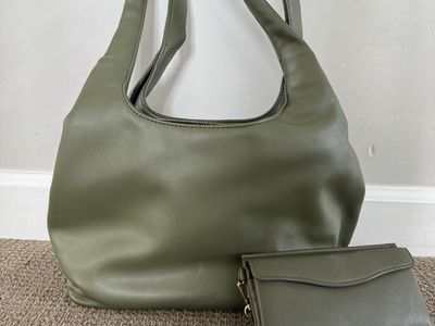 Women's Olive Green Faux Leather Shoulder Bag & Matching Wallet Set