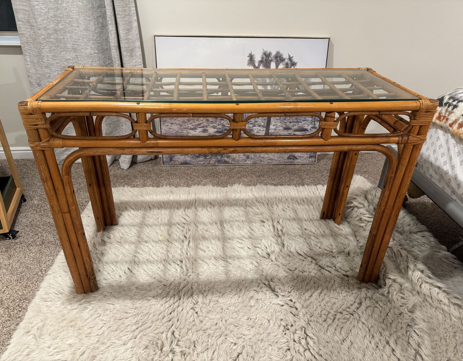 Vintage Bamboo/Rattan Console Table, Glass top- MCM era