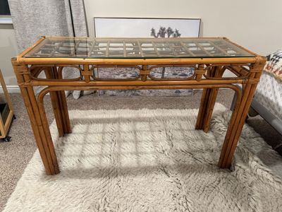 Vintage Bamboo/Rattan Console Table, Glass top- MCM era