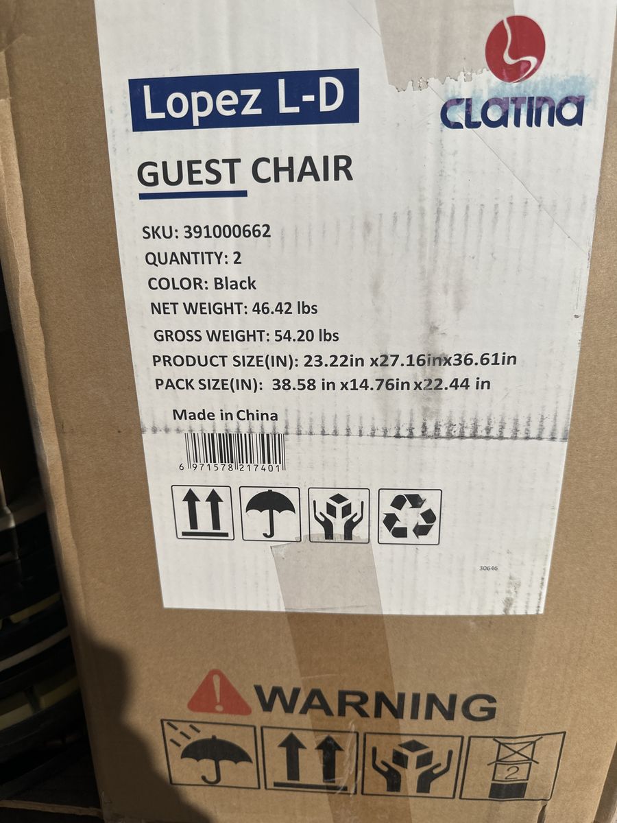 Selling a brand-new, unbuilt 2-pack of CLATINA Lopez L-D Black Leather Guest/Reception Chairs.