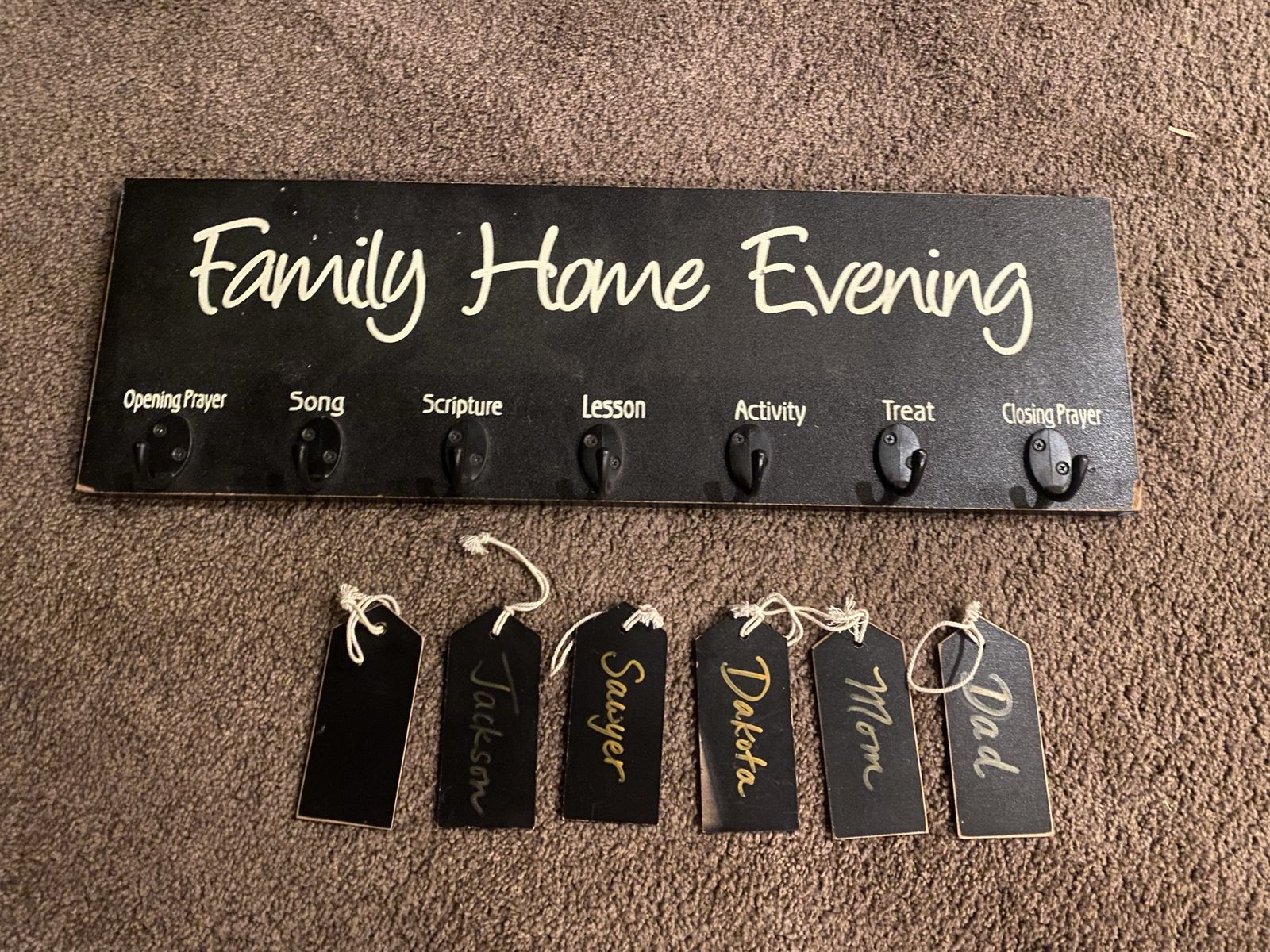 Family Home Evening Assignment Board with Hooks and Tags 8”x22”