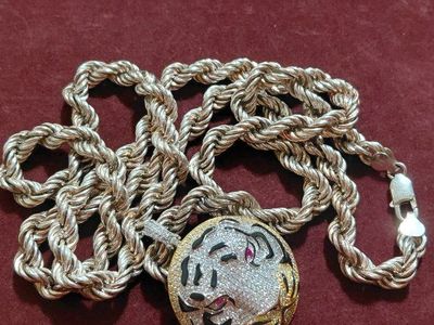 Unbranded Silver Rope Chain w/ Gold & Diamond Tiger Pendant - Used Good Condition