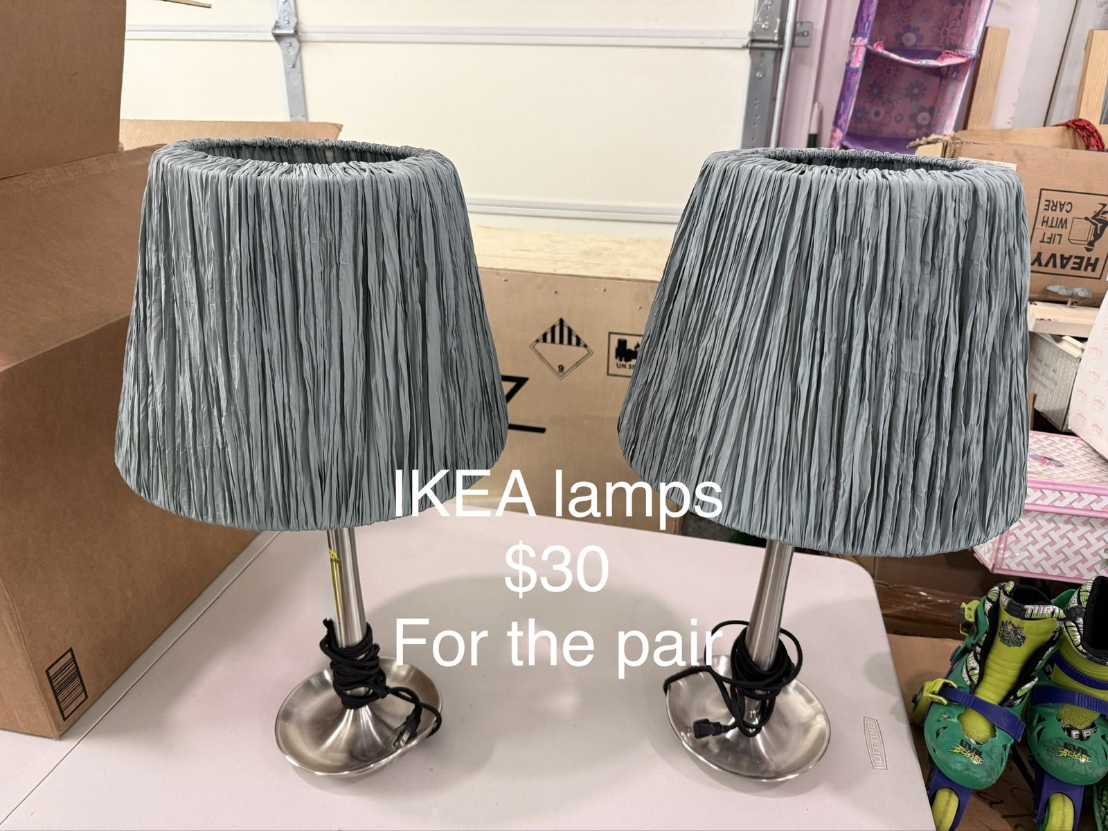 IKEA Table Lamps, Pair, Blue Crinkled Fabric Shades, Brushed Metal Base