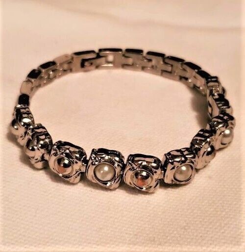 925 Sterling Silver White Pearl Tennis Bracelet 7.5 Inch Women's Jewelry