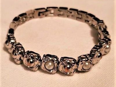 925 Sterling Silver White Pearl Tennis Bracelet 7.5 Inch Women's Jewelry