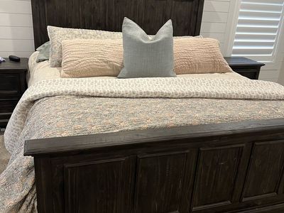 King Size Dark Wood Panel Bed Frame & Nightstands - Solid Wood, Traditional Style