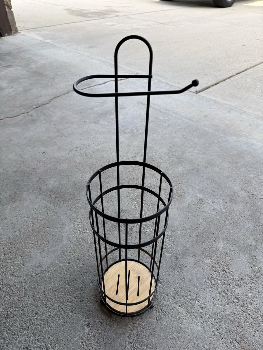 Black Metal Freestanding Toilet Paper Holder with Storage and Bamboo Base