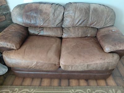 Distressed Brown Leather Sofa - and a love seat Couch with Patched areas