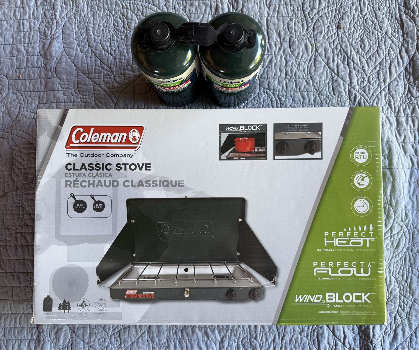 New Coleman Classic 2-Burner Propane Camping Stove with WindBlock - 20,000 BTU, Perfect Heat/Flow. With two propane cylinders