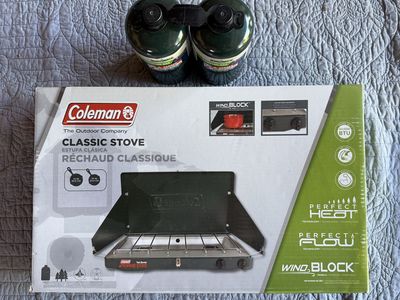 New Coleman Classic 2-Burner Propane Camping Stove with WindBlock - 20,000 BTU, Perfect Heat/Flow. With two propane cylinders