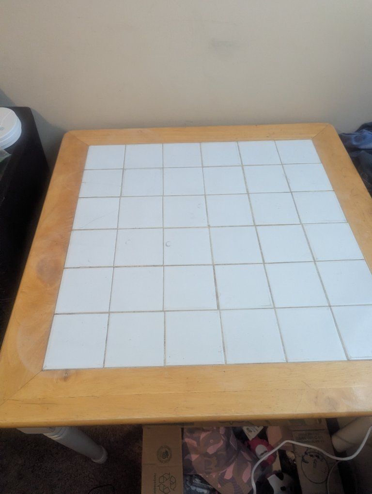 Square Tile-Top Dining Table with Wooden Frame and White Painted Legs