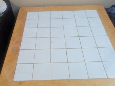 Square Tile-Top Dining Table with Wooden Frame and White Painted Legs