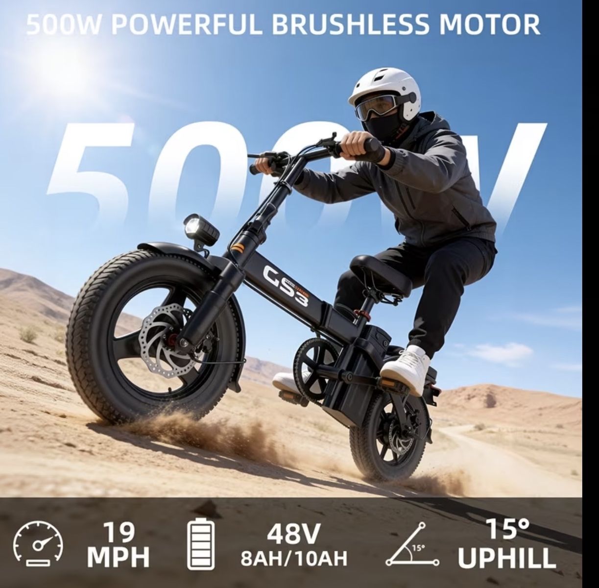 GS3 Folding Electric Bike – 500W, 48V 10Ah, Foldable Commuter eBike – $200 NEW IN BOX